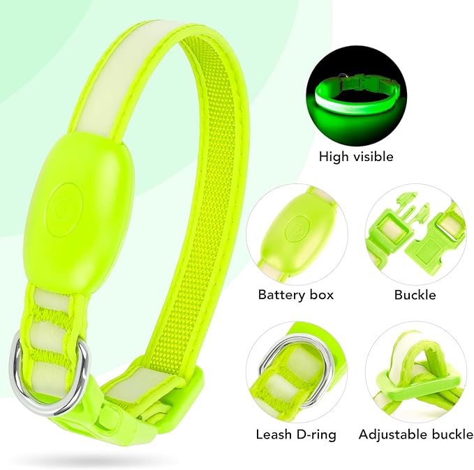 Light up Collar for Small Dog,Vizpet XS Adjustable Size Nylon Collar USB Rechargeable Bright Safety Pet Collar for Cats Small Dogs (Green, X-Small[ 8.66-11.9 inch/22cm-30cm])