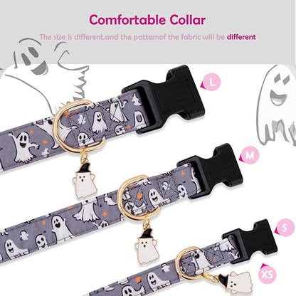 Faygarsle Gray Dog Collar with Ghosts Pattern Fall Autumn Halloween Cute Dog Collar for Small Medium Large Dogs Seasonal Pet Collar for Male Female Puppy Boy Girl Collar para Perros M