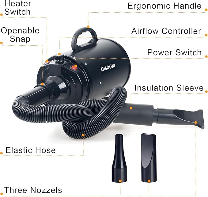Dog Dryer for Pet Grooming, High Velocity Pet Hair Dryer with Heater, Adjustable Speed, 3 Nozzles and a Comb, Black