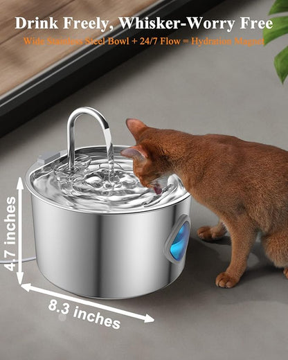 Cat Water Fountain Stainless Steel with 12 Filters Kit [3.2L/108oz] Automatic Water Dispenser with LED Water Level Window, Easy to Clean Metal Pet Drinking Fountain for Kitty to Large Cats Indoor