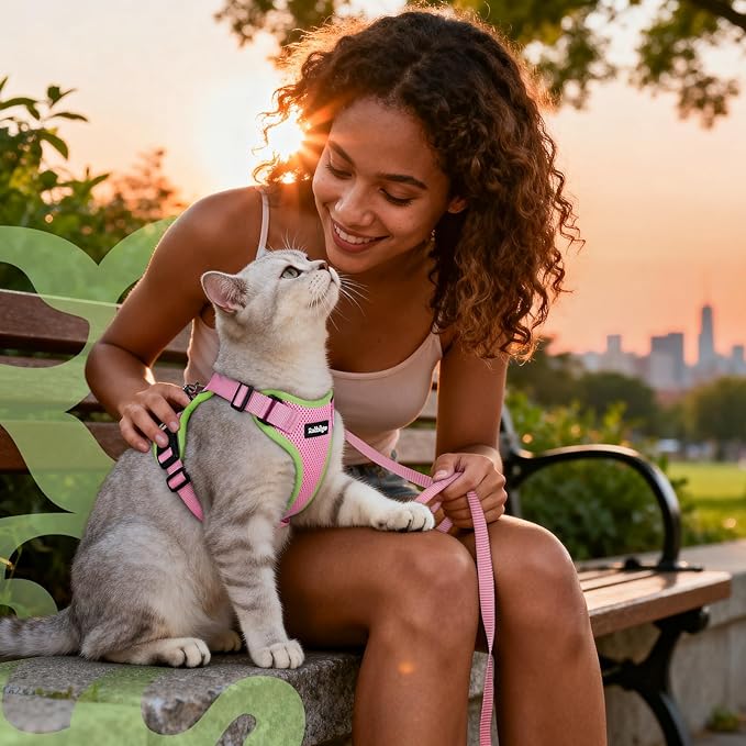 rabbitgoo Cat Harness and Leash for Walking, Escape Proof Soft Adjustable Vest Harnesses for Cats, Easy Control Breathable Reflective Strips Jacket, Pink&Light Green, S