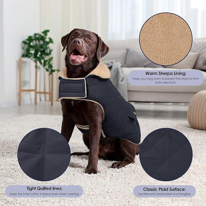 Winter Coat for Medium Dogs, Dog Plaid Jacket, Pets Coat for Cold Weather, Windproof Warm Garments, Pet Thickened Outfits Indoor Outdoor, NavyBlue M