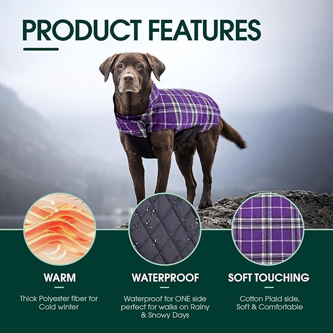 Kuoser Warm Dog Coat, Waterproof Dog Jacket for Extra Large Dogs, Adjustable Durable XL Doggie Winter Coat Reversible Cozy Puppy Cold Weather Apparel from Small to Large Breed, Purple XL