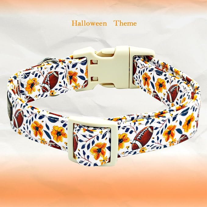 Elegant little tail Fall Dog Collar, Rugby with Flower Print Autumn Pet Collars Dog Cotton Soft Sturdy Puppy Collars Holiday Female Adjustable Collar for Medium Dogs