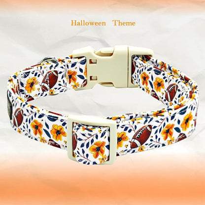 Elegant little tail Fall Dog Collar, Rugby with Flower Print Autumn Pet Collars Dog Cotton Soft Sturdy Puppy Collars Holiday Female Adjustable Collar for Medium Dogs