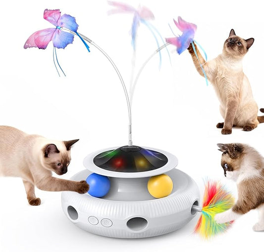 Pawtners Interactive Cat Toy, 4 in 1 Automatic Interactive Kitten Toys for Indoor Cats Rechargeable with Fluttering Butterfly, Track Balls and Ambush Feather