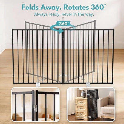 No Pawblems Free Standing Dog Gate with Door, 30'' Tall Foldable Dog Fence for Indoor & Outdoor, Up to 208 Inch Extra Wide Puppy Gate for Stairs, Hallways, Doorways, Deck, Yard (Black, 8 Panels)