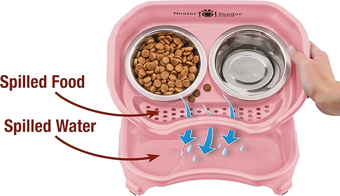 Neater Feeder Express Mess Proof Dog Bowls Elevated for Small Breeds Under 15 Lb, Made in USA, No Spill Raised Dog Food Bowl Stand, Stainless Steel Food and Water Bowl Set, Feeding Station, Pink
