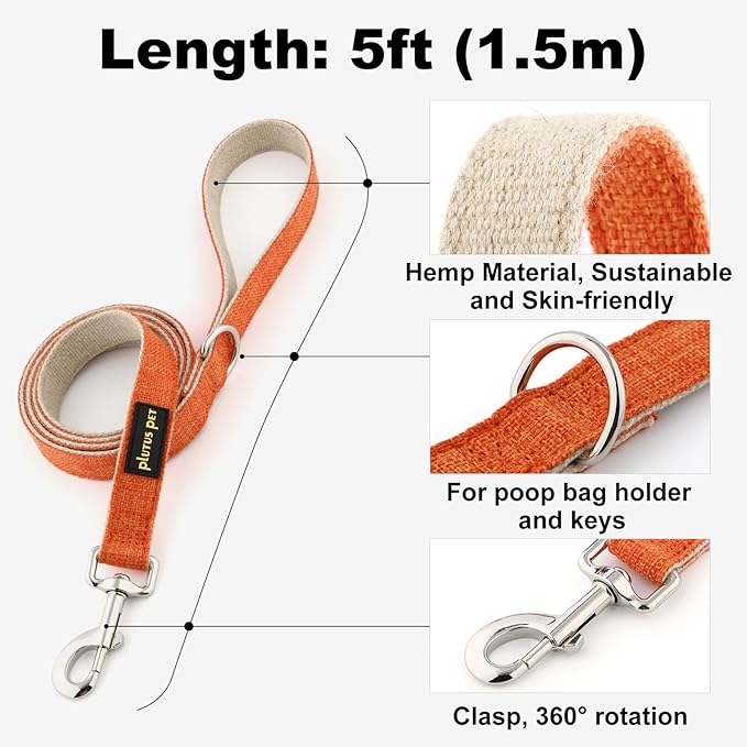 Plutus Pet Cotton Hemp Dog Collar and Leash Set, Adjustable Collar for Small, Medium, and Large Dogs, Heavy Duty and Soft on Skin, Orange, S