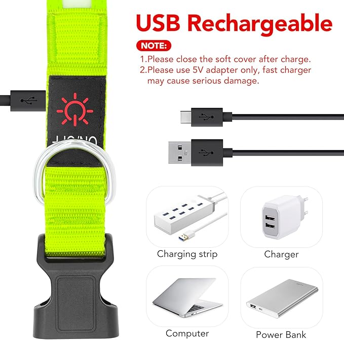 Vizpet LED Dog Collar, Light Up Dog Collar Adjustable USB Rechargeable Super Bright Safety Light Glowing Collars for Dogs(Medium,Green)