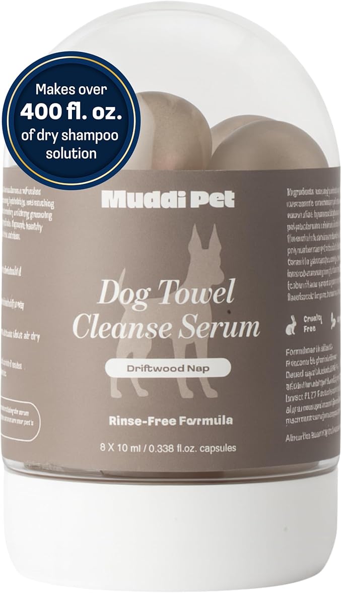 Dog Rinse-Free Shampoo & Conditioner – Dry Shampoo Towel Cleanse for Sensitive Skin, Stress & Itch Relief Gentle Leave-in Serum – 98.65% Naturally Derived, Hydrate & Deodorize – 8 x 10ml