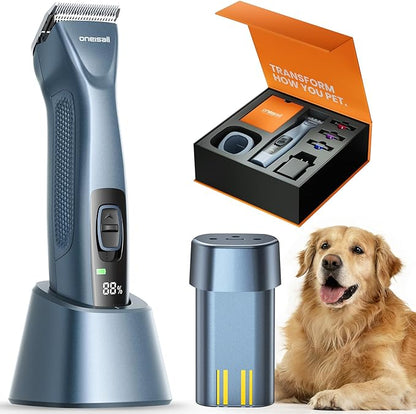 oneisall Professional Dog Clippers with Dual Battery, Unlimited Runtime, Professional Grooming Blade for Thick Long Hair Heavy Duty, Detachable Carbon Steel Blade, 2 Speed