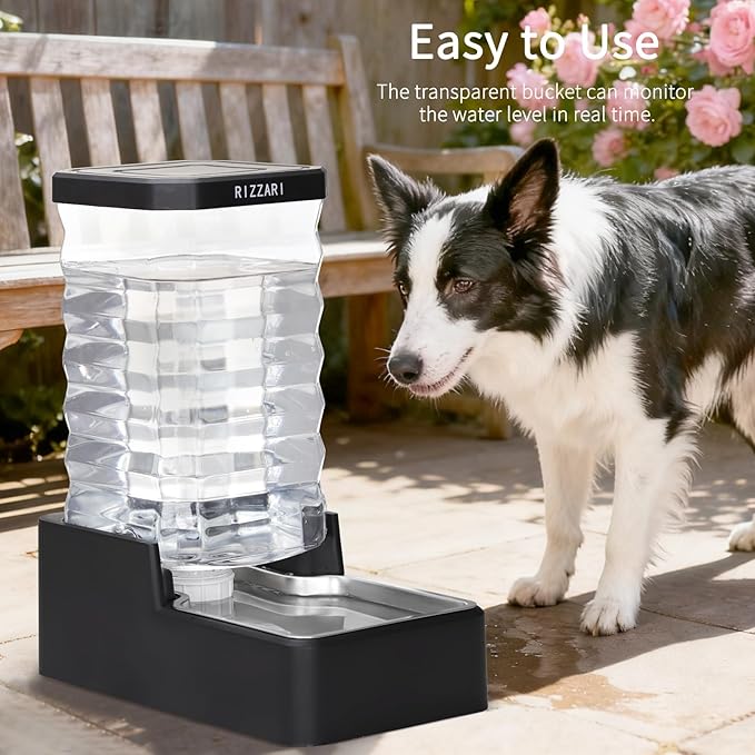RIZZARI Stainless Steel Pet Waterer: 9L Black Gravity Fed Water Dispenser Leak-Proof for Senior Dogs Joint Care Home Owners - Bedroom Garden Use