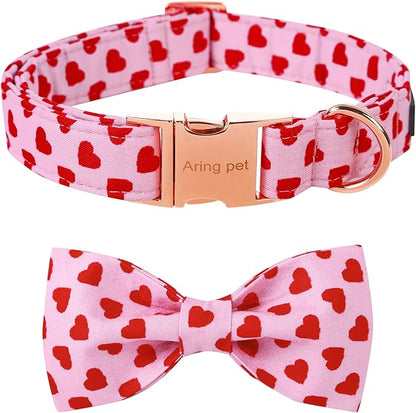 ARING PET Valentine's Day Dog Collar with Bow, Cute Adjustable Pink Heart Bowtie Pet Collars with Metal Buckle for Puppy Small Medium Large Boy Girl Dogs-M