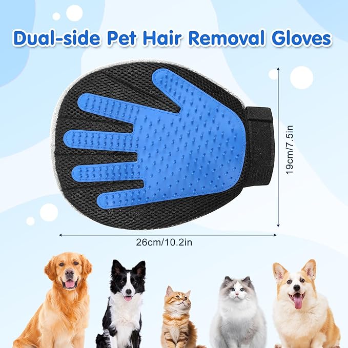 Pawaboo 2 Pack Pet Hair Removal Gloves, Dual-Side Electrostatic Hair Removal & Silicone Fur Brush for Dogs and Cats, Reusable Five-Finger Pet Fur Grooming Glove for Couch Carpet Clothes, Blue & Grey