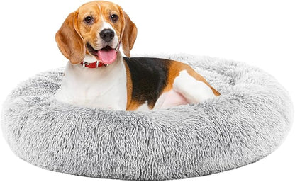 DUMOS 30.7x30.7 Inch Calming Donut Dog Beds for Large Dogs, Machine Washable Cuddler Warming Cozy Fluffy Faux Fur Plush Round Pet Bed, Anti-Slip Bed for Indoor Dogs and Cats, Grey