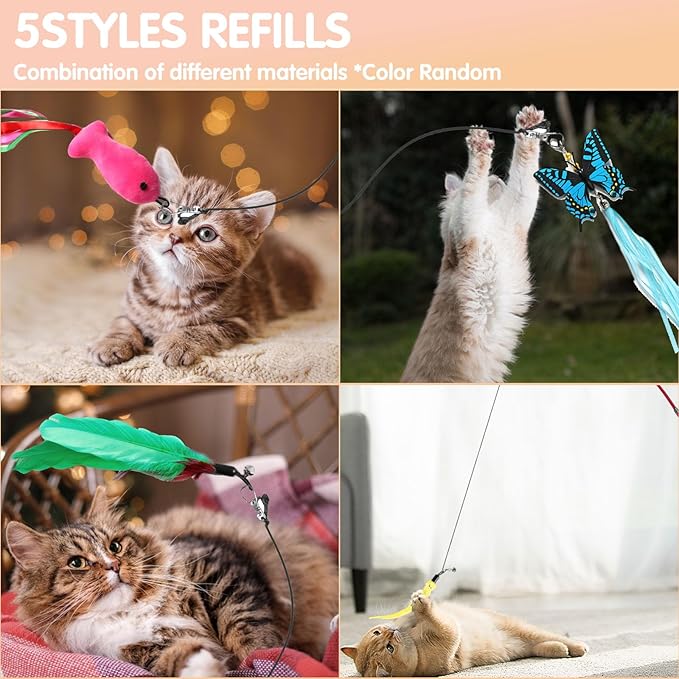 M JJYPET Retractable Cat Toy Wand, 12 Packs Interactive Cat Feather Toys, 9 Assorted Teaser Refills with Bell for Kitten (Pink)