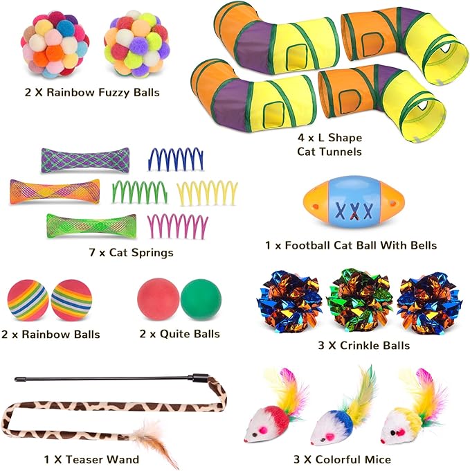 Retro Shaw 25Pcs Cat Toys with Kitten Tunnels, Interactive Kitty Toys for Indoor Cats, Large Cat Tube Tent Feather Wand Teaser Balls Bell Fuzzy Springs Mouse Crincly - Extra Longer Cats Tunnel Set
