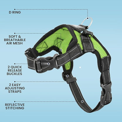 No Pull Reflective Adjustable Dog Harness with Handle- Comfortable Soft All Weather Mesh, Easy On Puppy Harness for Small Medium and Large Dogs (Green) Large