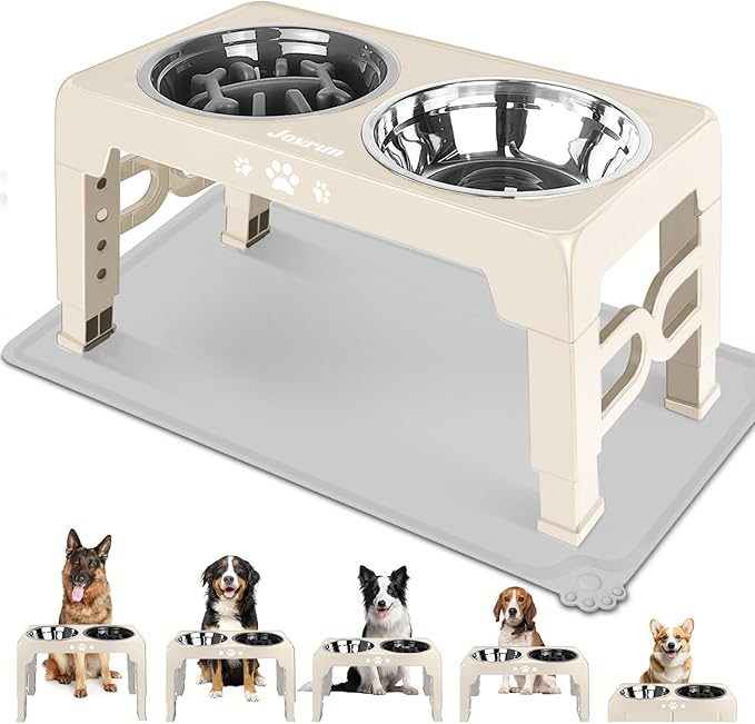 Elevated Dog Bowls, Dog Feeder with 1*Stainless Steel Dishes & 1*Slow Feeder Bowl, 5 Heights Adjustable Raised Stand for Medium Large, Food Dishes with Non-Slip Feet