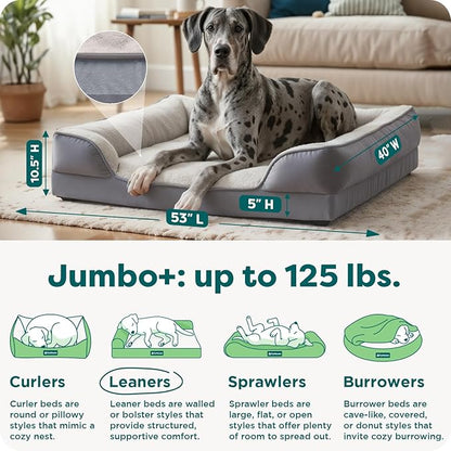 FurHaven Cooling Gel Dog Bed for Large Dogs, Perfect Comfort Sofa Bed with Cool Gel-Top Foam with a Solid Orthopedic Foam Base, Removable Washable Cover, Jumbo Plus XXL, Plush & Velvet, Granite Gray.