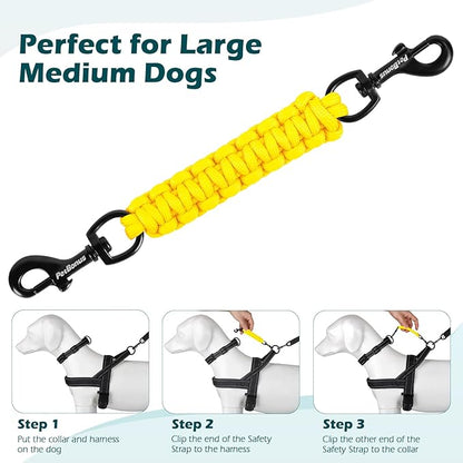 PetBonus Dog Collar Safety Clip, Handmade Backup Safety Strap for Dog Harness, Prong, Pinch Collar, Double Ended Clasp Leash Connector (Yellow)