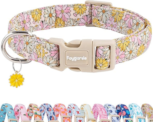 Faygarsle Floral Girl Dog Collar, Cotton Fabric with Daisies Pattern, Pink and Yellow Summer Spring Design for Small Medium Large Dogs M