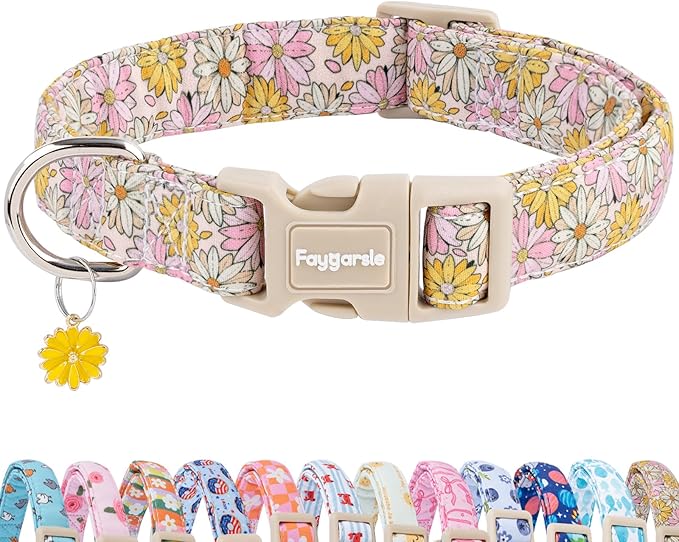 Faygarsle Floral Girl Dog Collar, Cotton Fabric with Daisies Pattern, Pink and Yellow Summer Spring Design for Small Medium Large Dogs L