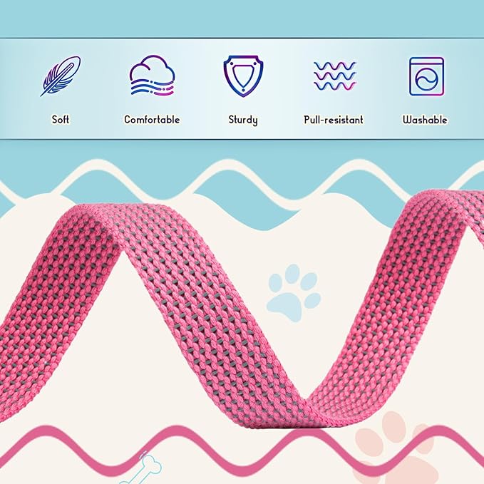 Reflective Dog Collar and Leash Set, Nylon Dog Leash with Heavy-Duty Steel D-Ring, Adjustable with Quick Release Buckle for Medium Dogs, Pink M