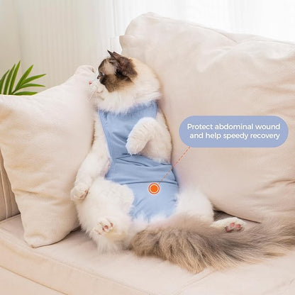 Avont Cat Recovery Suit Post-Surgery Onesie, Breathable Cone-of-Shame Alternative Bodysuit for Spayed Female Kittens, Skin Abdonminal Wound Care -Blue(L)