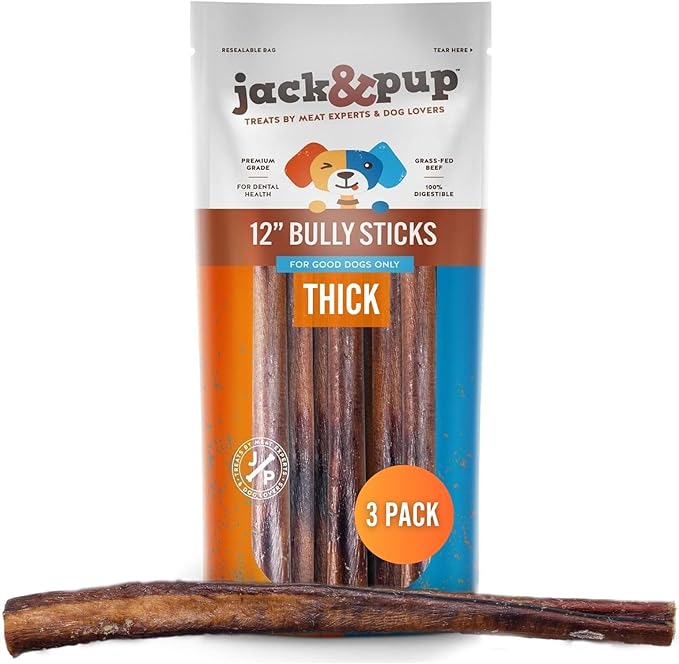 Jack&Pup 12 Inch Bully Sticks for Dogs (3 Pack) Extra Thick Dog Chews Long Lasting, Odor Free, Single Ingredient, 100% Beef Bully Sticks for Large Dogs