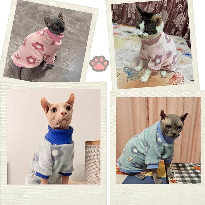 Urnat Cat Flannel Floral Clothes, Warm Soft Winter Jumpsuit Flower Prints Sweater Shirt Clothing for Hairless Sphynx, Devon & Indoor Kittens (Pink, S)