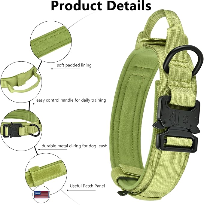 DAGANXI Tactical Dog Collar, Adjustable Military Training Nylon Dog Collar with Control Handle and Heavy Metal Buckle for Medium and Large Dogs, with Patches and Airtags Case (L, Spring Grass)