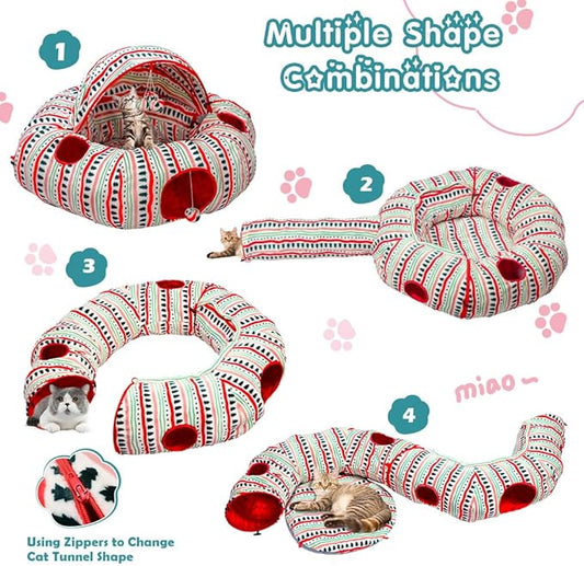 OUHOU Cat Tunnel Bed for Indoor Cats, Soft Plush Peekaboo Cat Cave Donut Tunnel, Multifunctional Cat Playground Toys Hideplace for Small Medium Large Cats, Kittens, Rabbit, Ferret (Red)