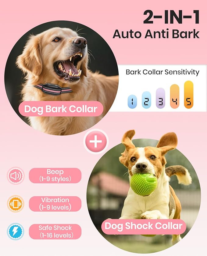 Dog Bark Collar with Remote, 2-in-1 Bark and Shock Collar Combo, 3300Ft Dog Training Collar - Auto Anti Bark/Beep/Vibration/Shock 4 Modes, IP67 Smart E-Collar with 5 Adjustable Levels of Sensitivity