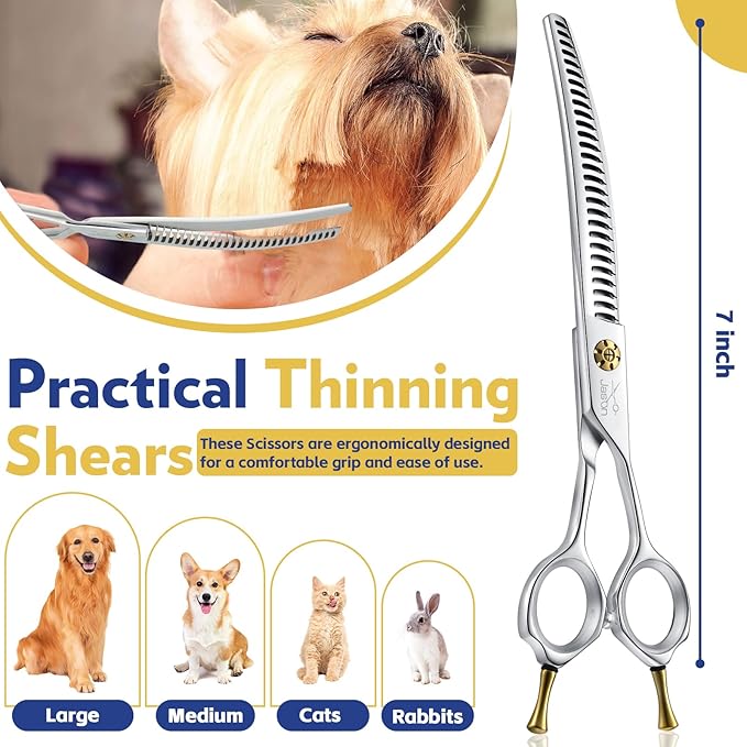JASON 7" Dog Grooming Shears - Professional Down-curved Chunker Shears with 60%-65% Thinning Rate, Japanese 440C Stainless Steel Dog Grooming Chunkers with Adjustable Screw (28 Teeth, Silver) Gift
