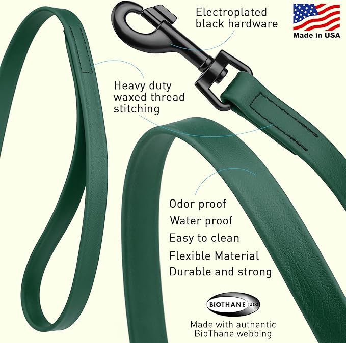 Dogline Biothane Waterproof Dog Leash Strong Coated Nylon Webbing with Black Hardware Odor-Proof Easy to Clean High Performance for Small or Large Dogs Made in USA 4 or 6 ft Lead, Hunter Green