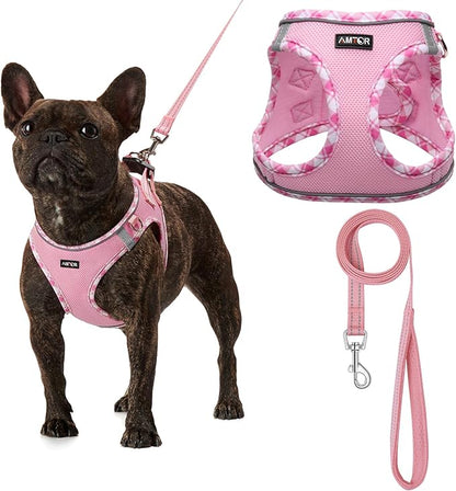 AMTOR Small Dog Harness with Leash Set, No Escape Easy Walk Puppy Harnesses for Training Walking, Step-in Reflective Soft Dogs Vest for XS S Medium Extra-Small Large Sized Dog(S Size,Pink/White)