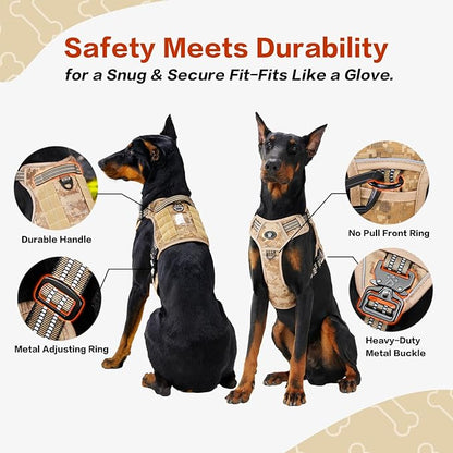 PawsPassion No Pull Dog Harness for Large Dog, Heavy Duty Tactical Adjustable Pet Harness, Voyager Service Walking Vest Harness with Easy Control Handle Reflective Strip (Dune Patrol, XL)