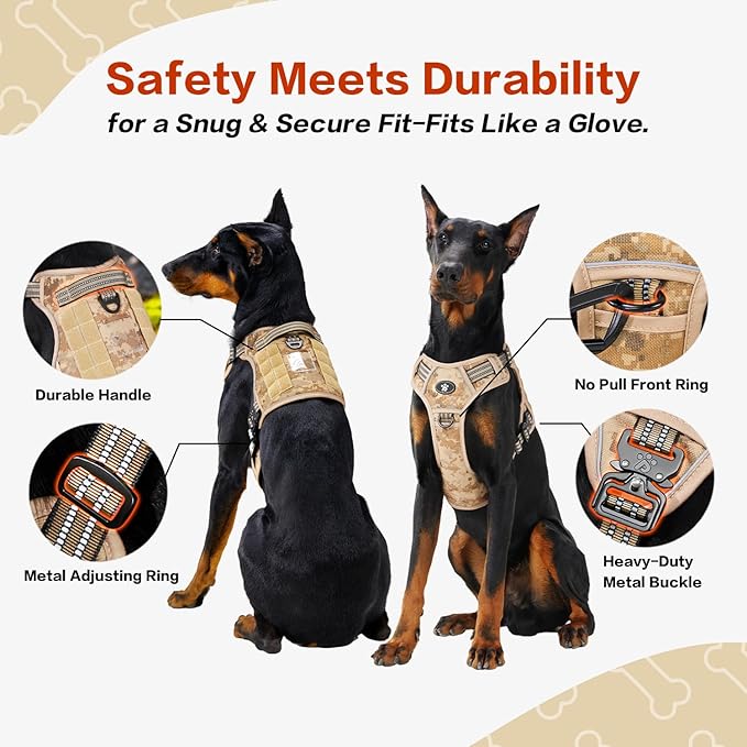 PawsPassion No Pull Dog Harness for Large Dog, Heavy Duty Tactical Adjustable Pet Harness, Voyager Service Walking Vest Harness with Easy Control Handle Reflective Strip (Dune Patrol, XL)