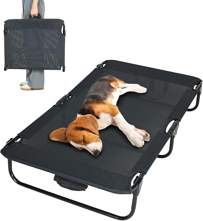 everfront Elevated Dog Bed for Large Pet with No-Slip Feet, Foldable Portable Washable Raised Bed for Indoor&Outdoor Camping Dog Cot, with Cooling Waterproof Breathable Mesh (Medium, Black-Textilene)