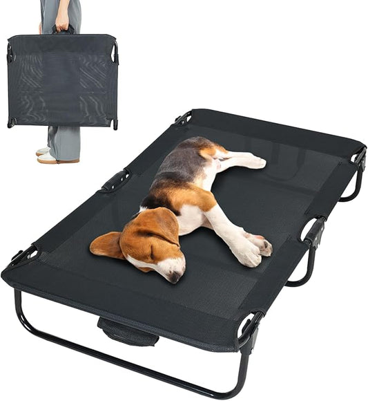 everfront Elevated Dog Bed for Large Pet with No-Slip Feet, Foldable Portable Washable Raised Bed for Indoor&Outdoor Camping Dog Cot, with Cooling Waterproof Breathable Mesh (Medium, Black-Textilene)