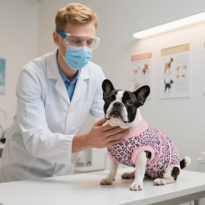 Kuoser Dog Surgery Suit, Comfy Dog Recovery Suit Female Doggie Onesie for Surgery, Post Op Protective Onesie, Soft E-Collar Alternative for Cats & Puppies, PinkLeopard XS
