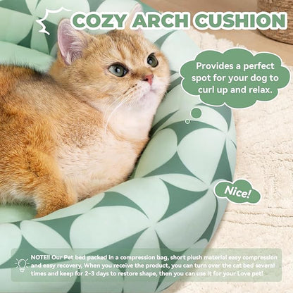 Zerbuger Cat Bed, 20In Dog Beds for Small Dogs, Calming Cat & Dog Beds for Indoor Pets, Pet Beds Comfortable Donut Round Ultra Soft (Green Pattern, 20.0" L x 20.0" W x 6.5" Th)