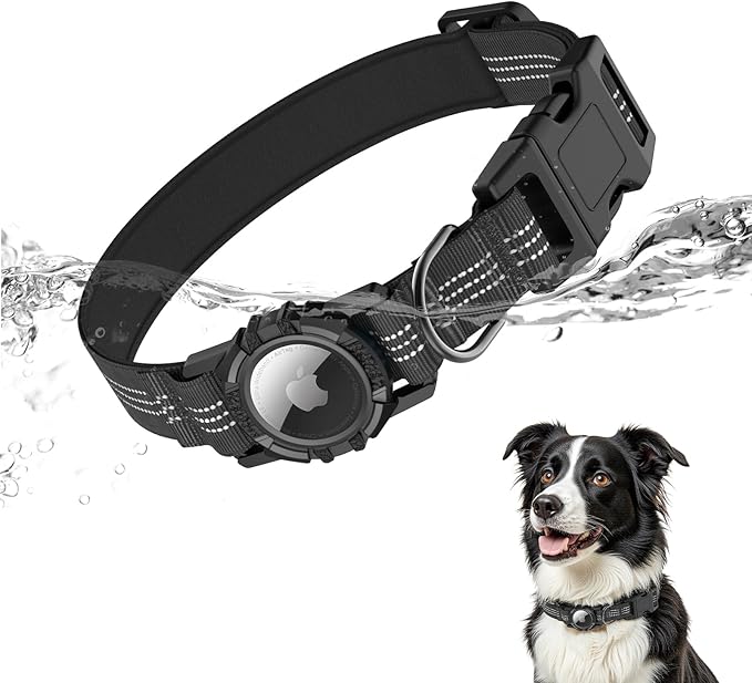 HDDTTZ AirTag Dog Collar, IP68 Waterproof Integrated Air Tag Dog Collars with Reflective, Ultra-Durable, Comfortable Padded, Heavy Duty Dog Collars for Small Medium Large Dogs, M (12.6"-17.1"), Black