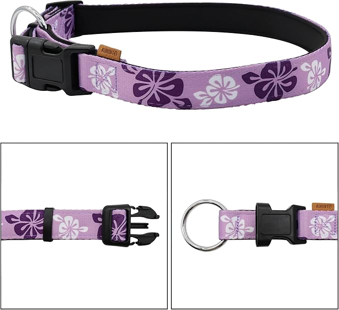 Dog Collar, Cute Floral Pattern, Neoprene Padded and Adjustable Collar with Quick Release Buckle, Reinforced Structure (L (Neck 18-28", Width 1"), Hawaiian Purple)