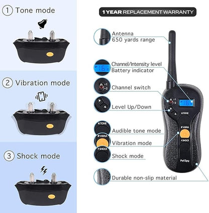 PetSpy Shock Collar for Dogs-Waterproof Dog Shock Collar with Remote Control,Vibration,Electric Shock,Beep-E Collar for Dogs Training,Collar with Remote for 10-140 LBS