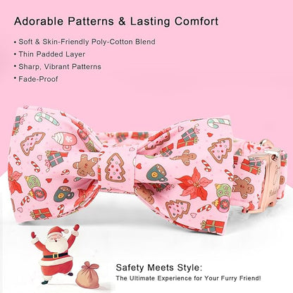 Christmas Dog Collar with Bow Tie - Sweet Chsiatmas Festival Pattern Pink Puppy Collar, Adjustable Metal Buckle Winter Bowtie Dog Collars for Small Medium Large Dogs M