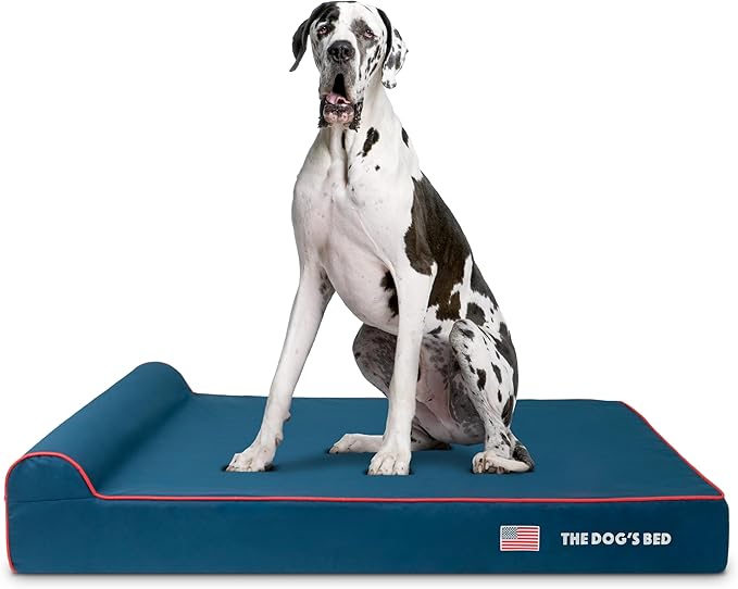 The Dog’s Bed Orthopedic Headrest Dog Bed XXL Blue Oxford with Red Trim US Flag, Memory Foam, Hip & Elbow Dysplasia, Post Surgery, Lameness, Waterproof Washable Cover, Veterinary Approved
