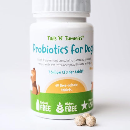 Tails ’N’ Tummies Probiotics for Dogs: 60 Tiny Tablets for Allergies, Itchy Skin, Diarrhea & Digestive Relief – Gentle, Clean Formula for Dogs